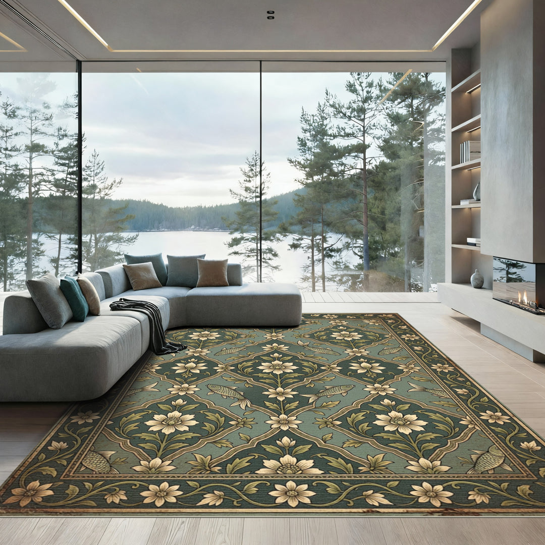 Elegant Teal Floral Fish Rug