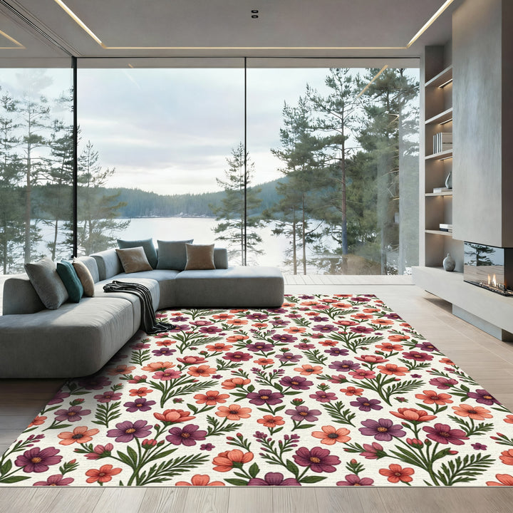 Burgundy Coral Floral Botanical Field Rug