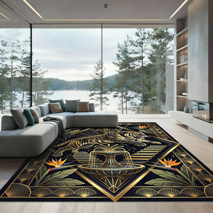 Striking Tiger Fountain Art Deco Rug