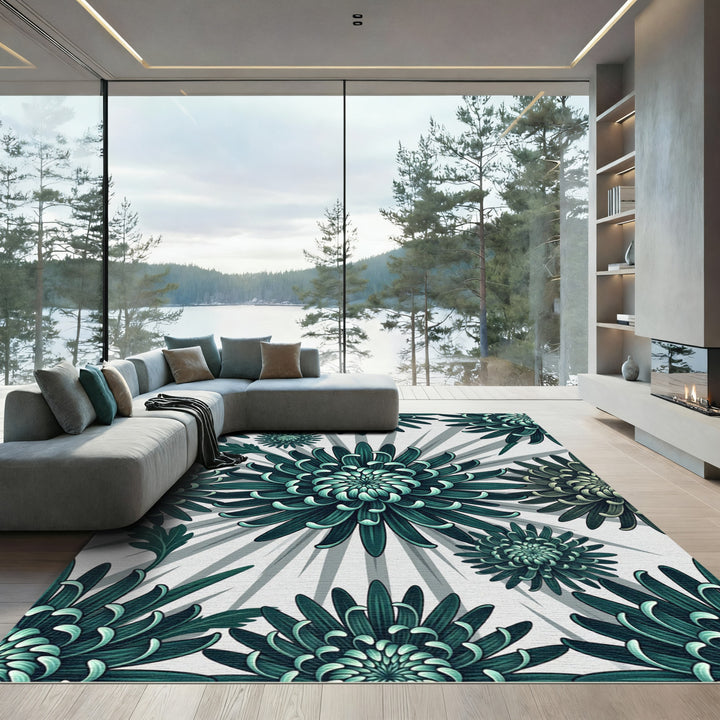 Teal Chrysanthemum Floral Sunburst Rug