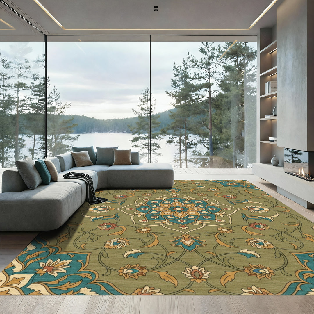 Khaki Floral Medallion In Teal Gold Rug