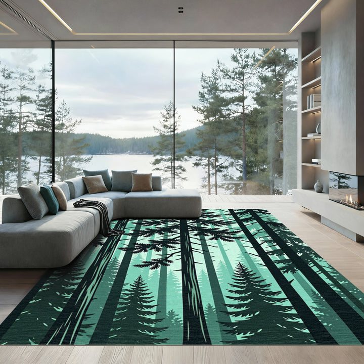 Emerald Forest Silhouette Tall Trees Rug