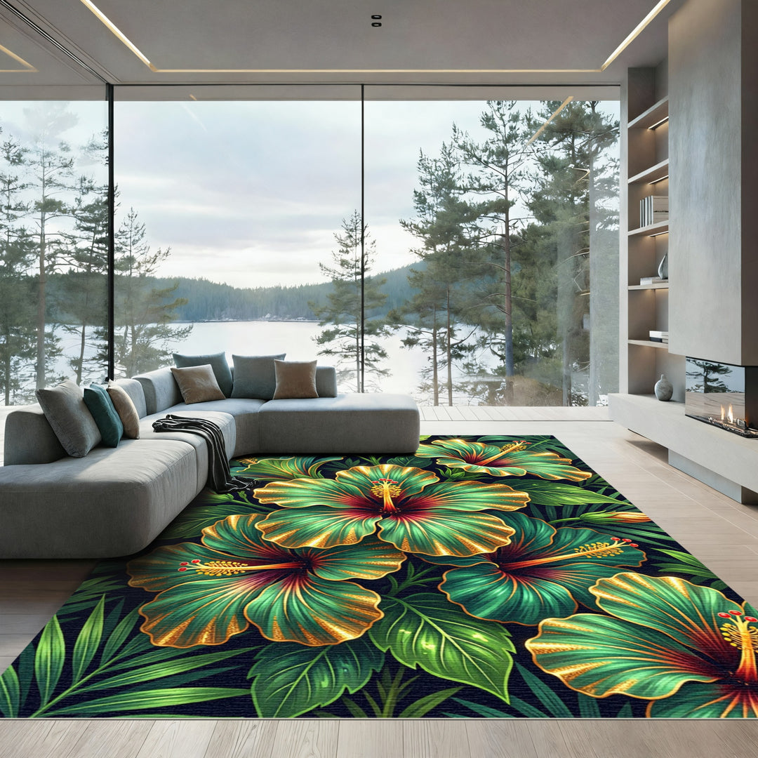 Emerald Gold Hibiscus Tropical Foliage Rug