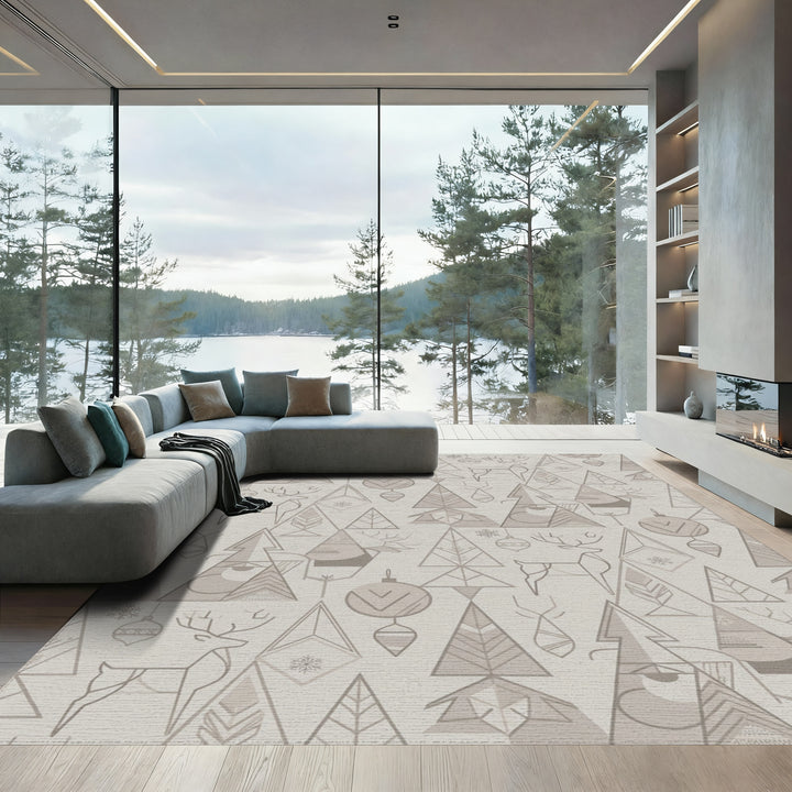 Neutral Geometric Woodland Winter Scene Rug