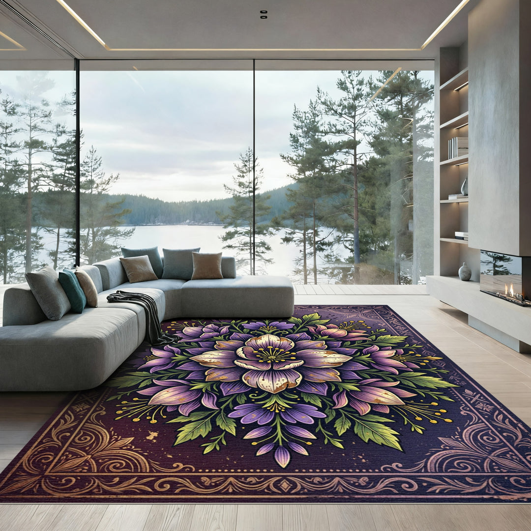 Elegant Purple Floral Botanical Rug