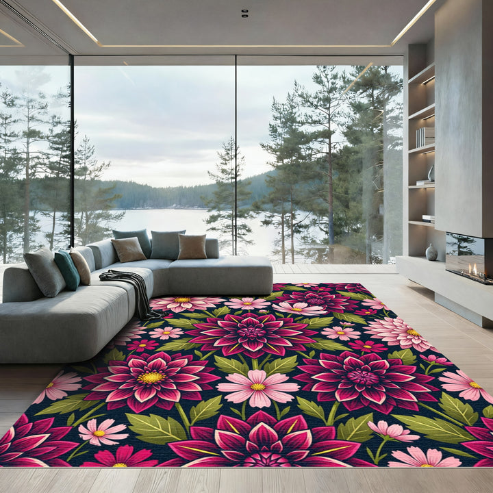 Vibrant Pink Dahlia Garden Wallpaper Rug