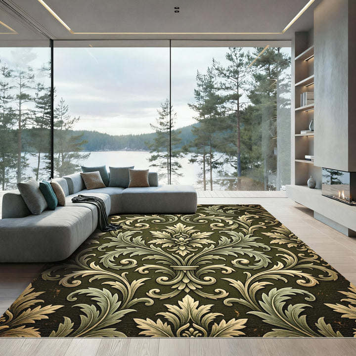 Elegant Green and Gold Damask Rug