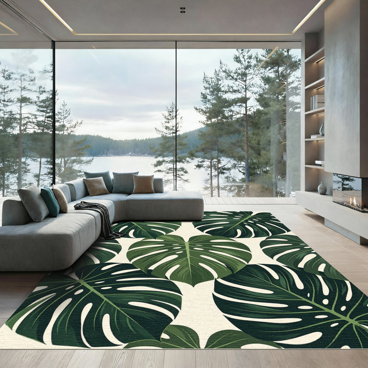 Vibrant Dark Green Tropical Monstera Leaf Rug