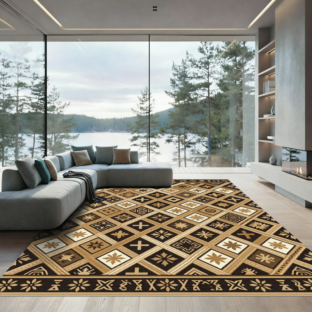 Golden Brown Geometric Diamond Rug