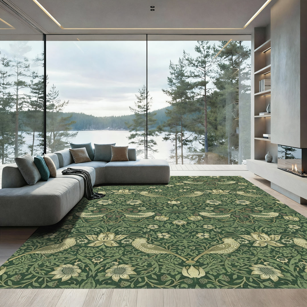 Emerald Woodland Bird Strawberry Garden Rug
