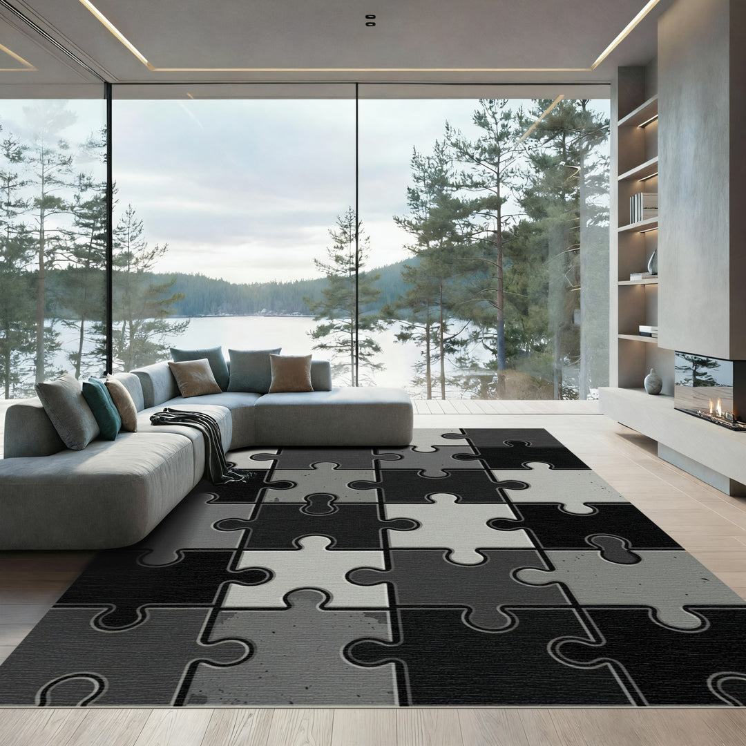 Monochromatic Gray Puzzle Piece Rug