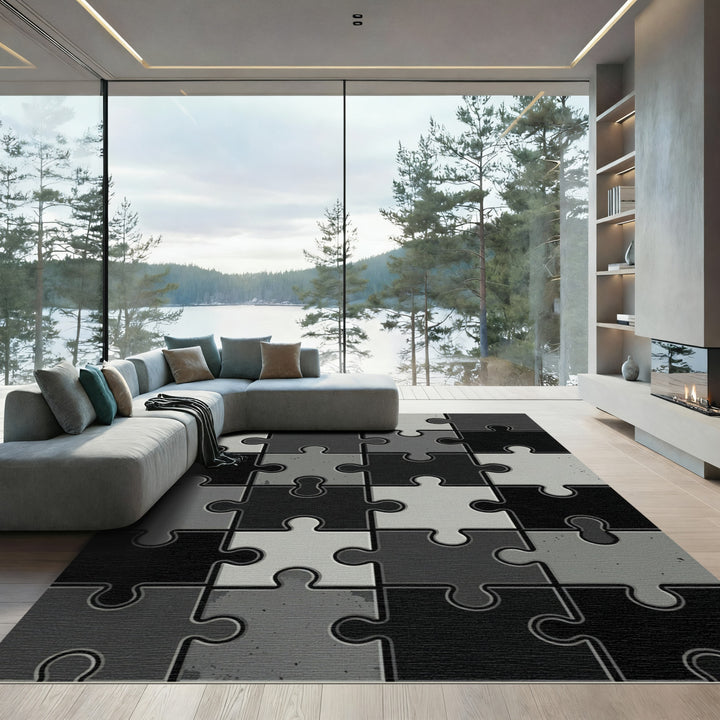 Monochromatic Gray Puzzle Piece Rug