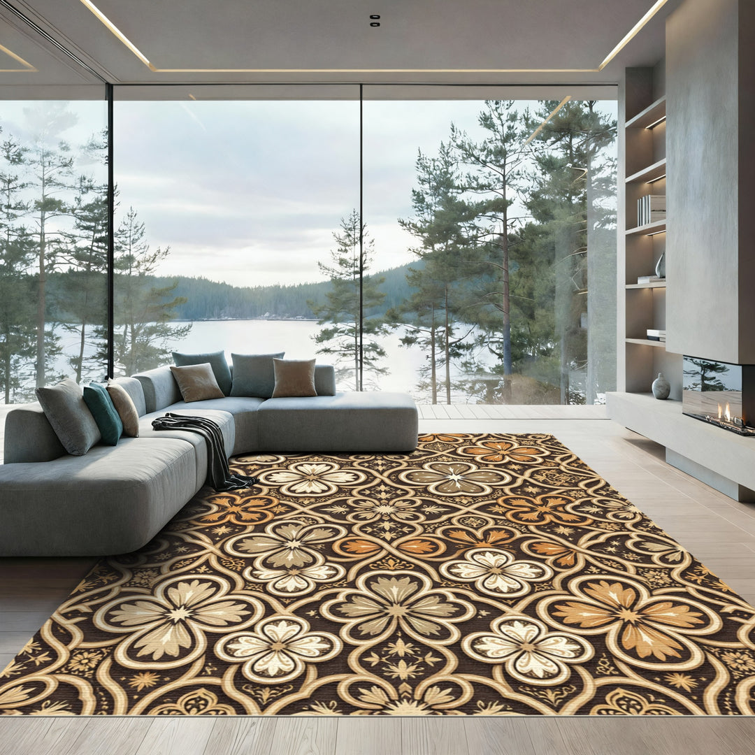 Rich Brown Golden Clover Lattice Rug