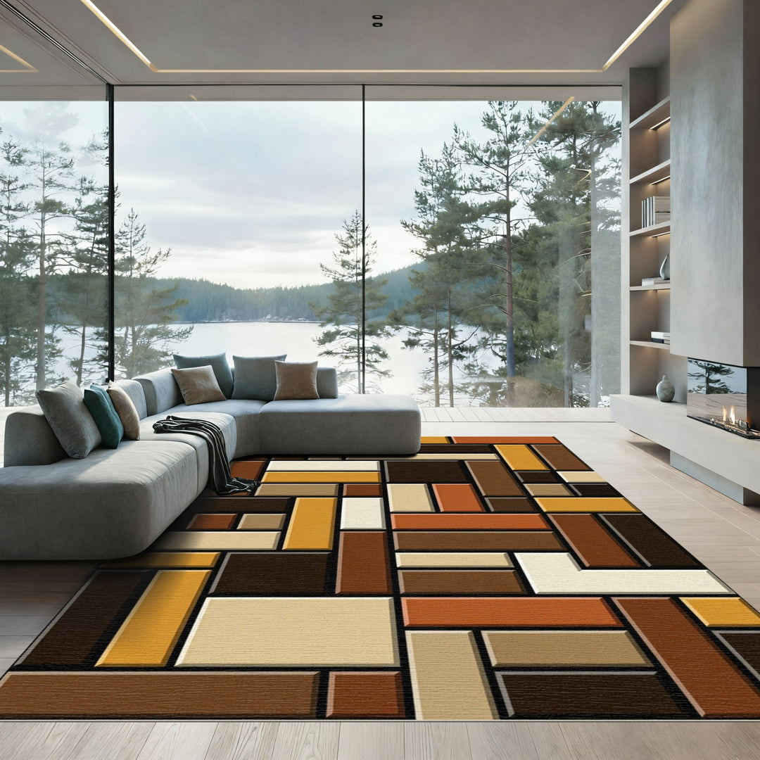 Chic Earthy Tone Rectangular Block Rug