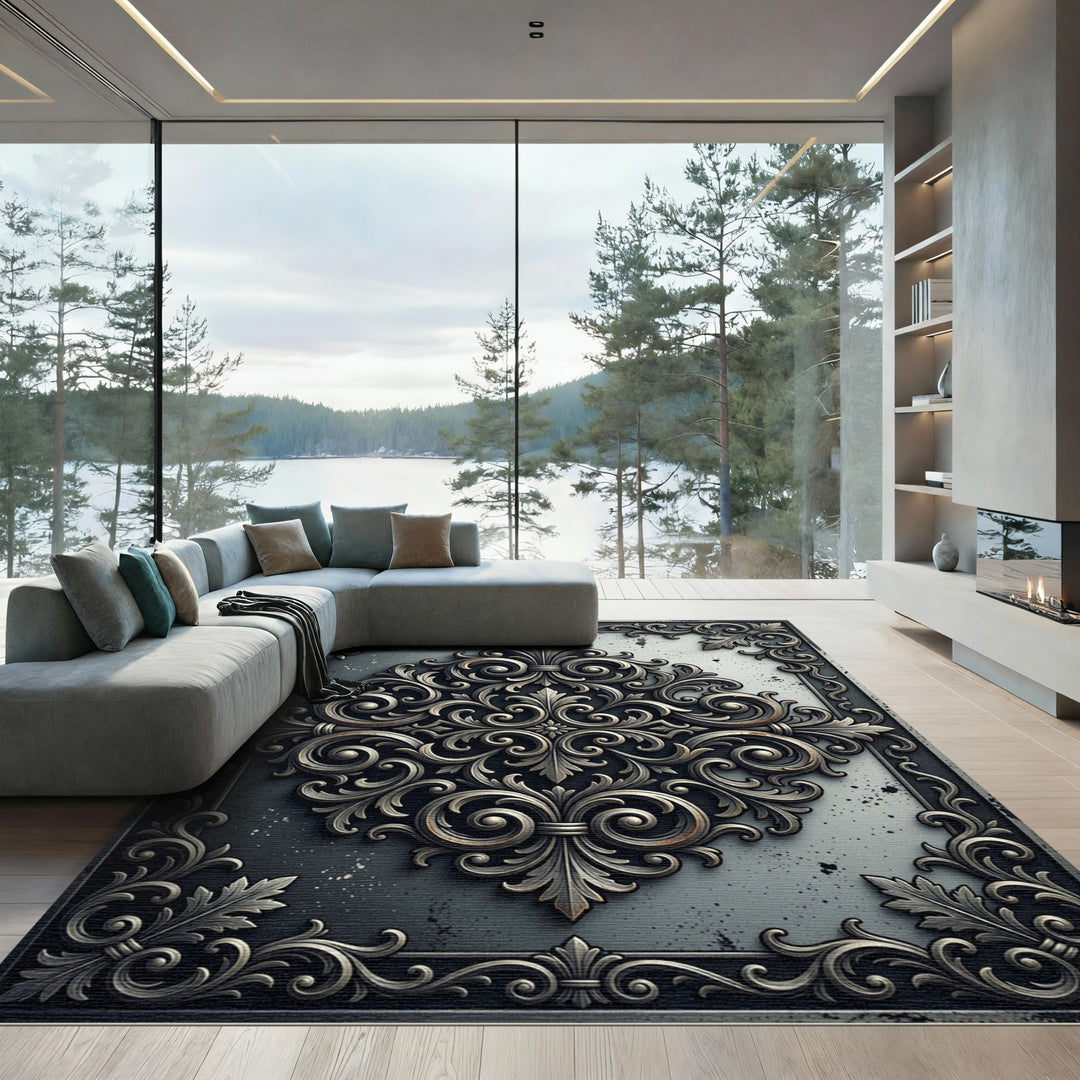 Ornate Scrollwork Metal Framed Rug