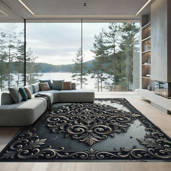 Ornate Scrollwork Metal Framed Rug