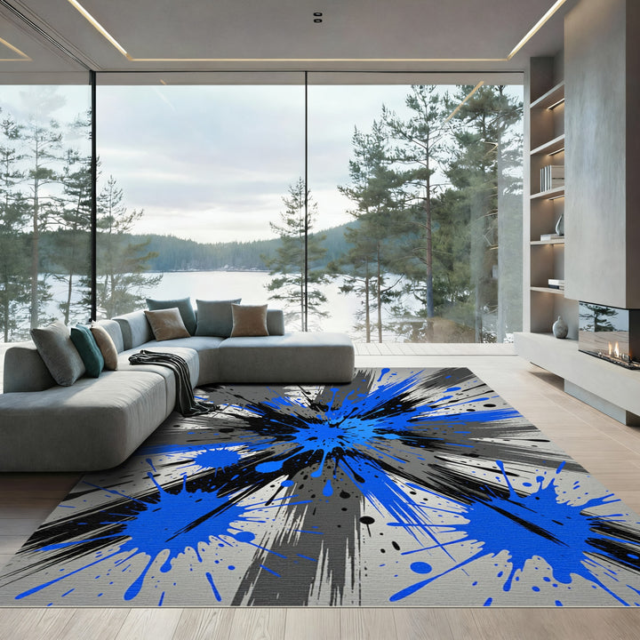 Bold Blue Splatter Abstract Burst Rug