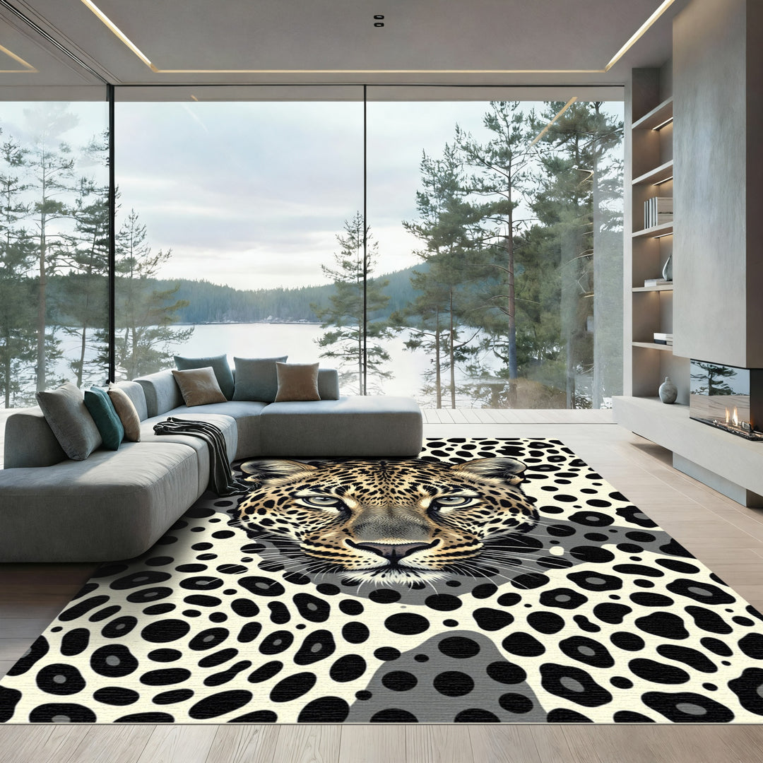 Leopard Face Amidst Black Animal Spots Rug
