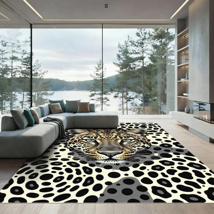 Leopard Face Amidst Black Animal Spots Rug
