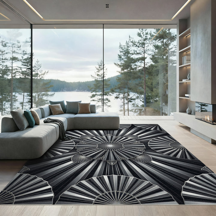 Art Deco Black White Sunburst Fan Rug