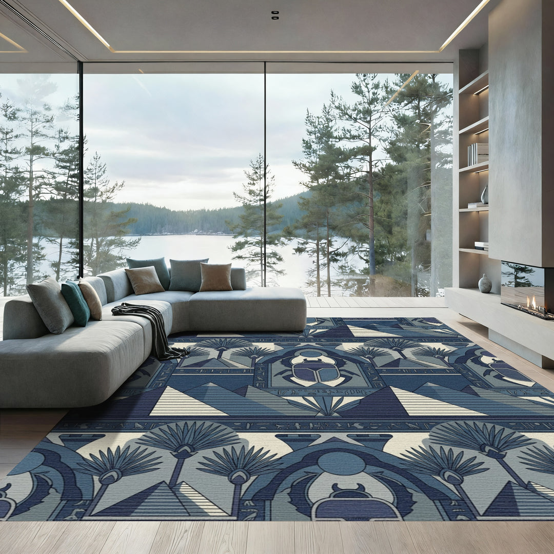 Nile Blue Scarab Pyramid Landscape Rug