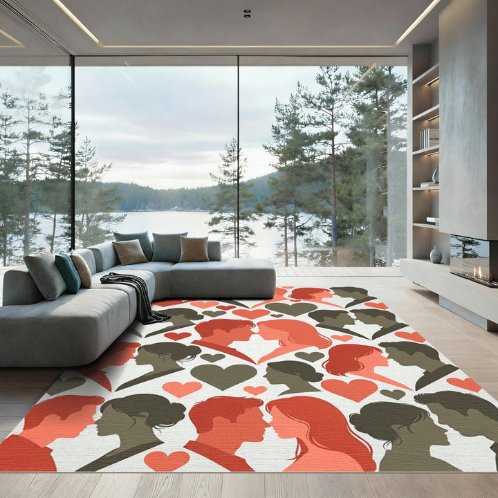 Romantic Red Silhouette Couple Heart Rug