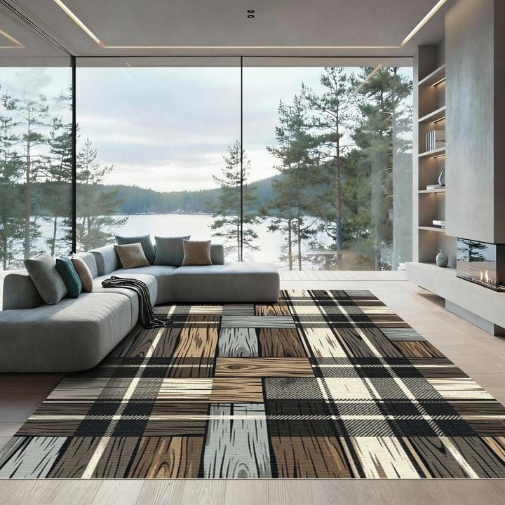 Rustic Wood Plaid Patchwork Rug