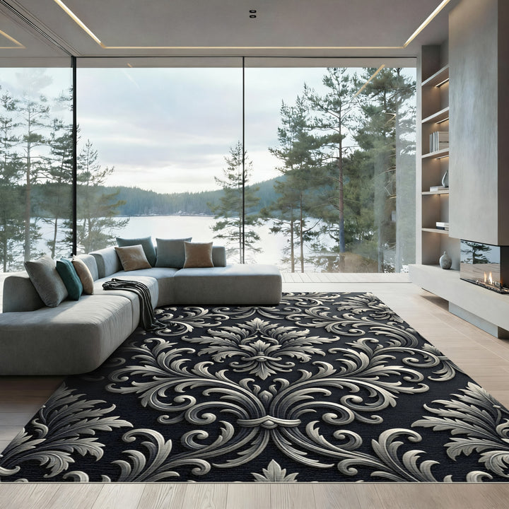 Elegant Black White Damask Rug