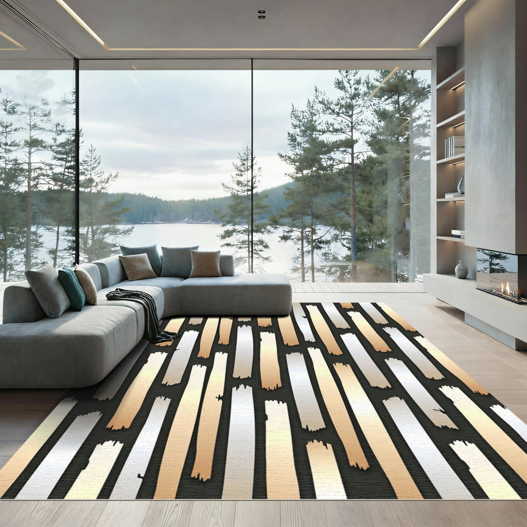 Vertical Gold And Silver Brushstroke Rug