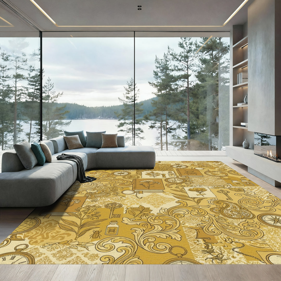Vintage Golden Botanical Science Collage Rug