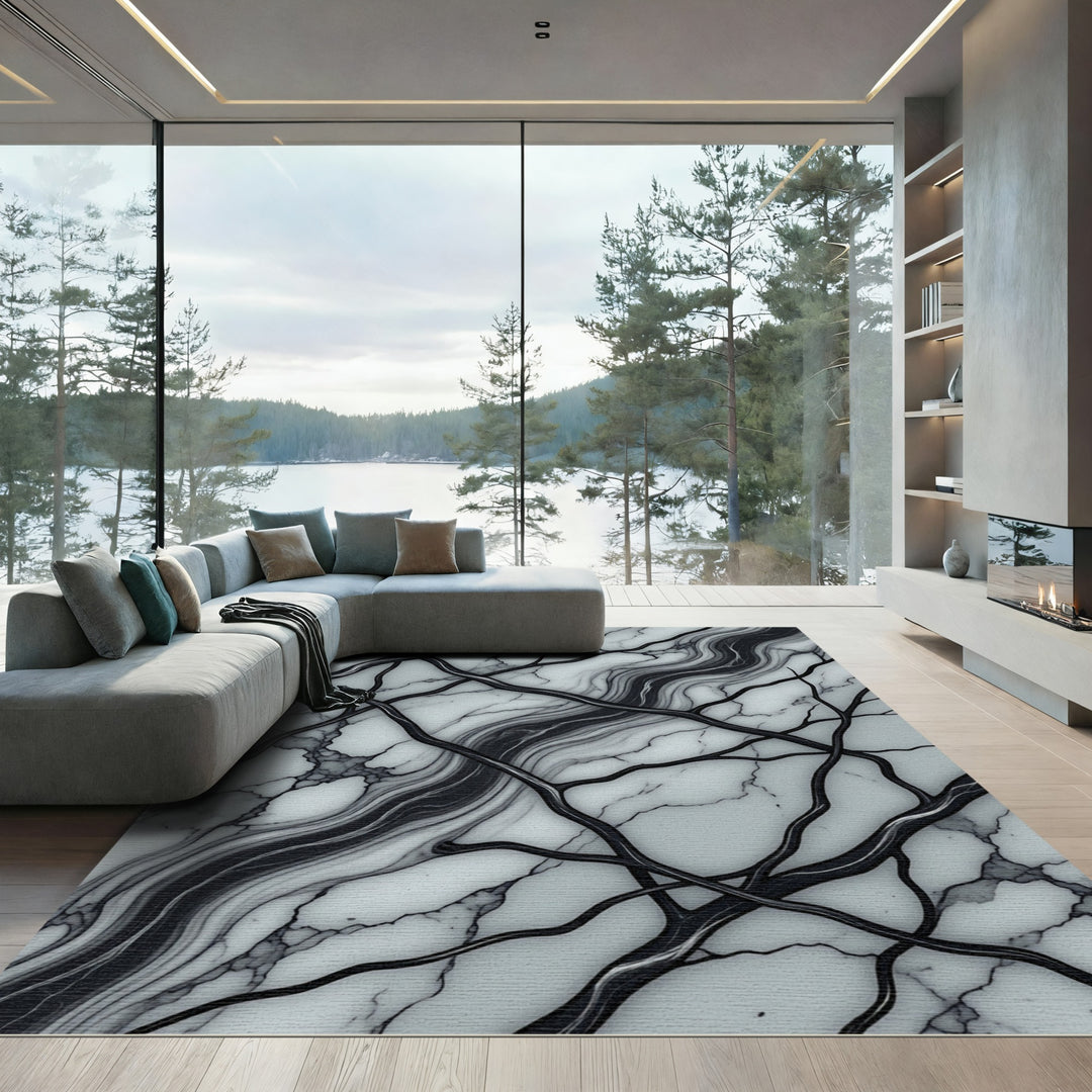 Abstract Black Marble Branch Rug