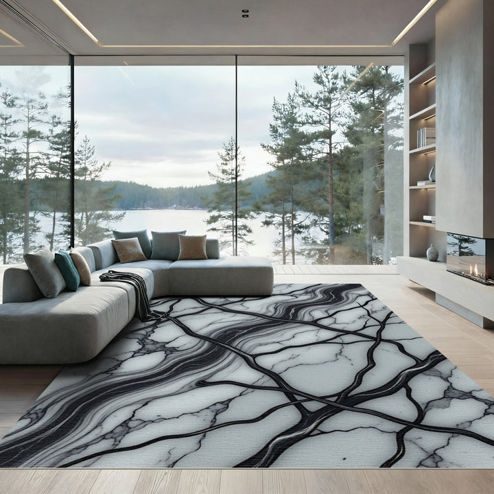 Abstract Black Marble Branch Rug