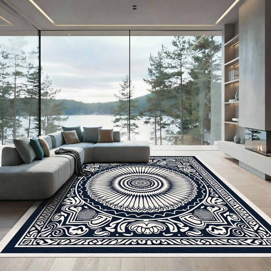 Elegant Black White Radial Mandala Rug