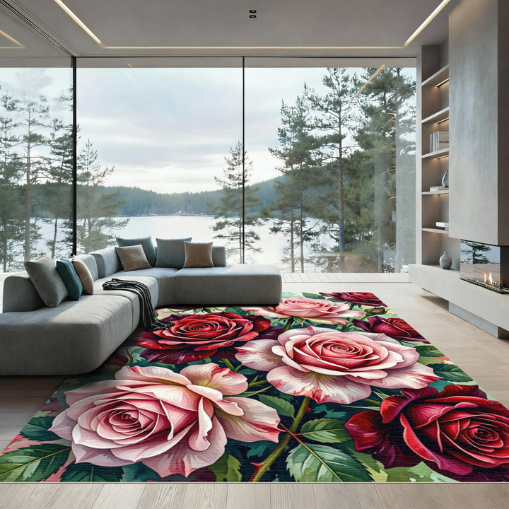 Vibrant Crimson Rose Garden Watercolor Rug