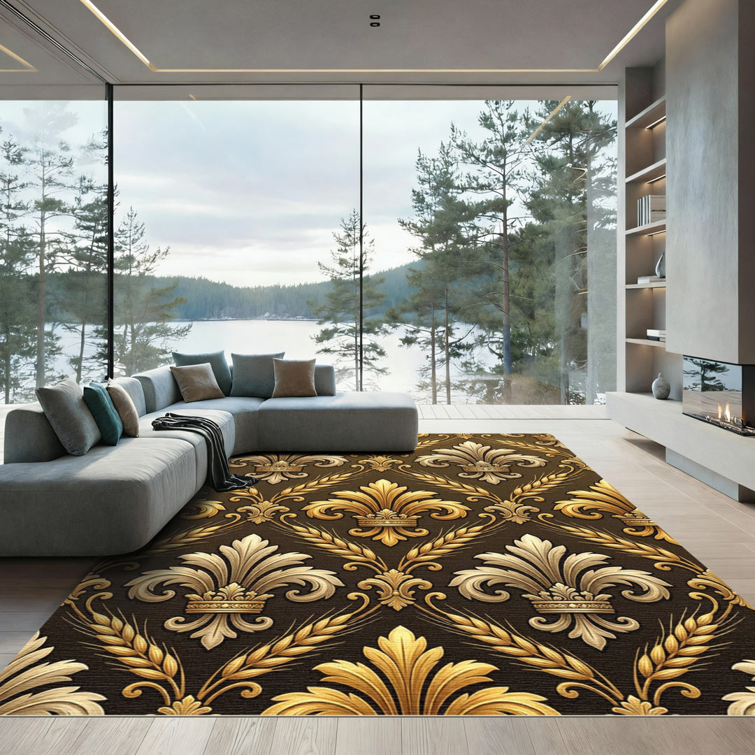 Golden Fleur de Lis Wheat Flourish Rug