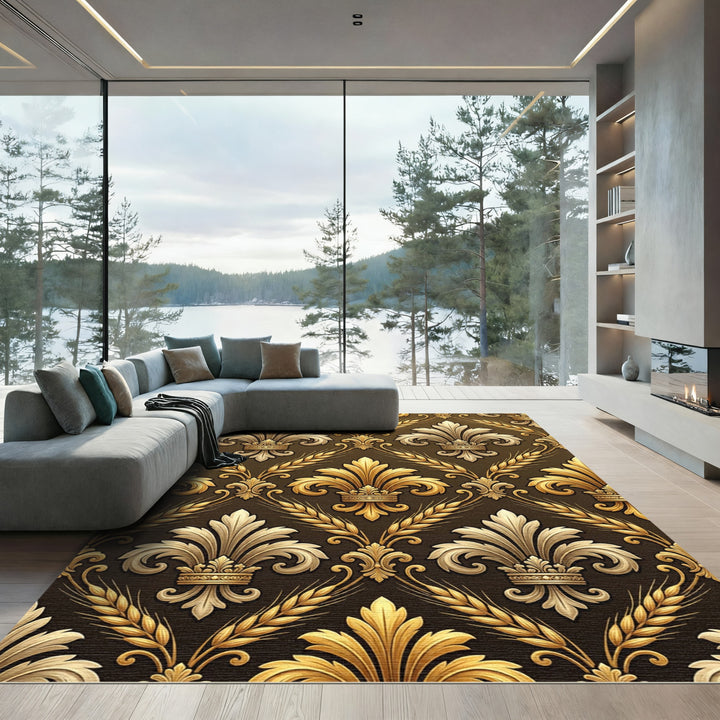 Golden Fleur de Lis Wheat Flourish Rug