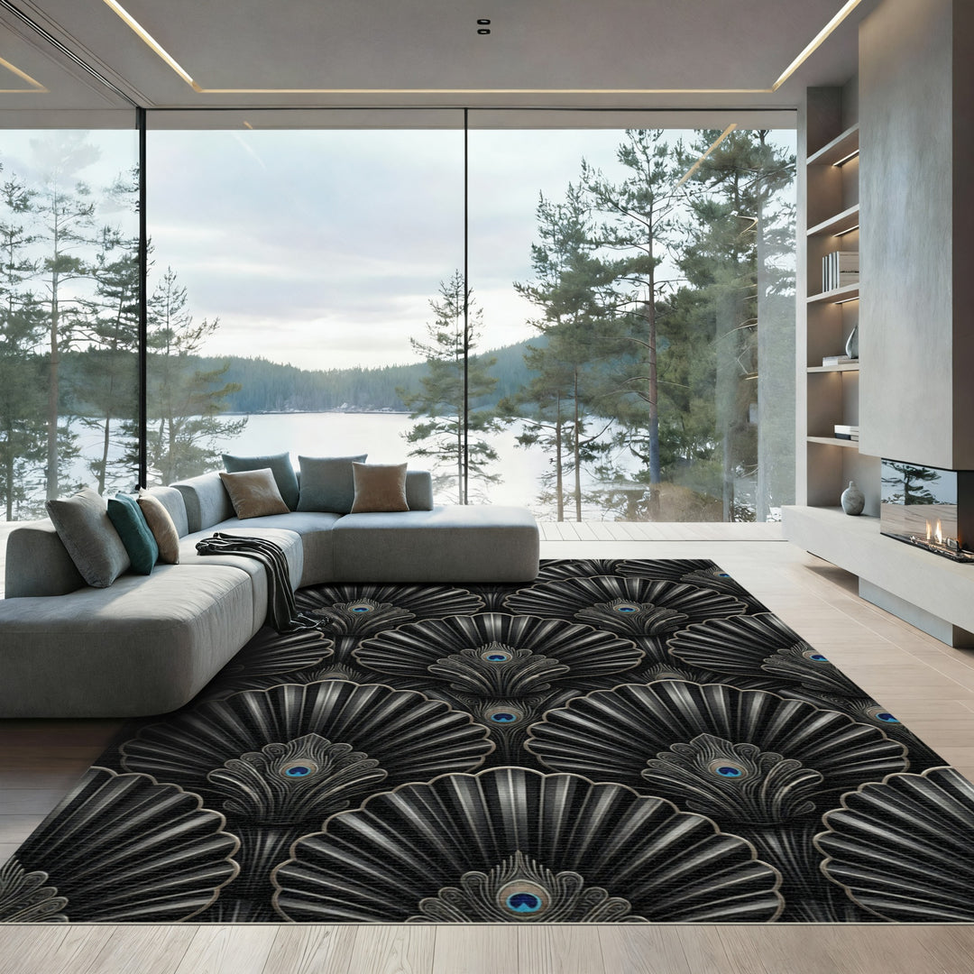 Art Deco Black Peacock Feather Rug