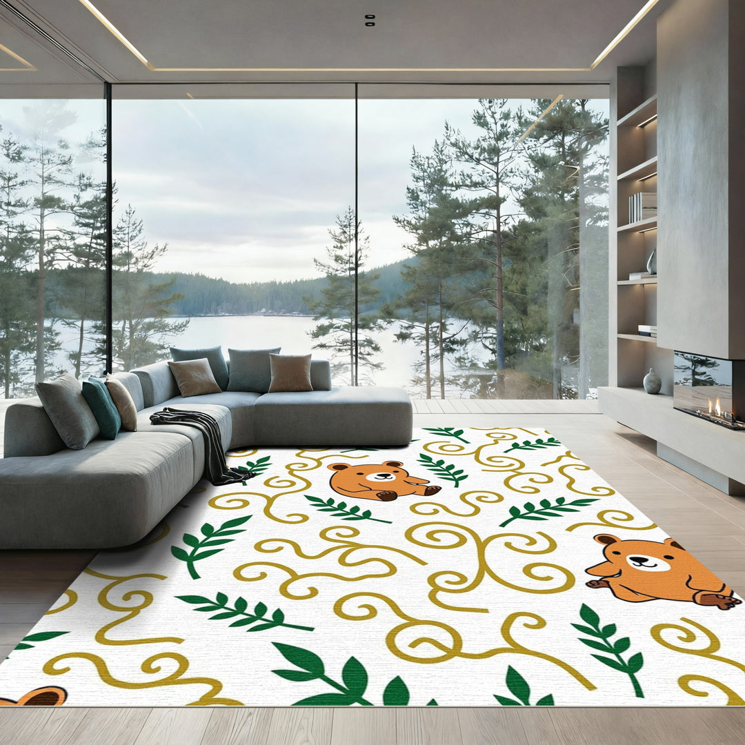 Cute Bear Swirls and Leaves Rug