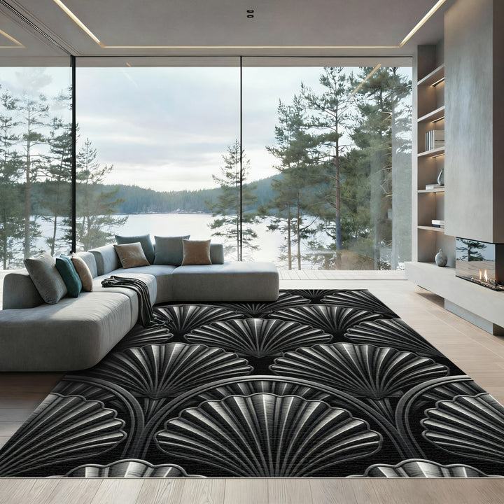 Art Deco Black Silver Fan Rug