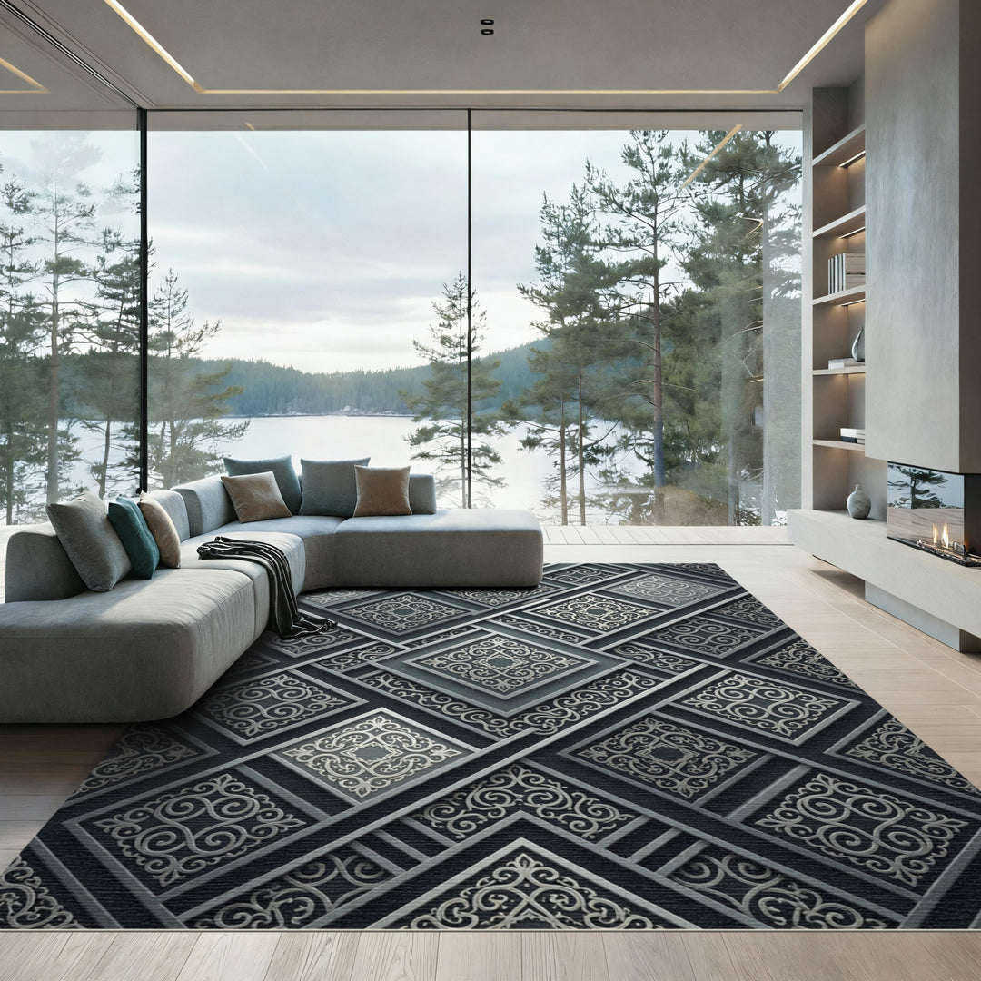 Ornate Silver Geometric Arabesque Rug