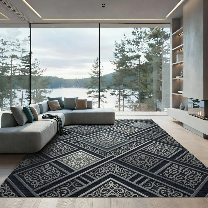 Ornate Silver Geometric Arabesque Rug