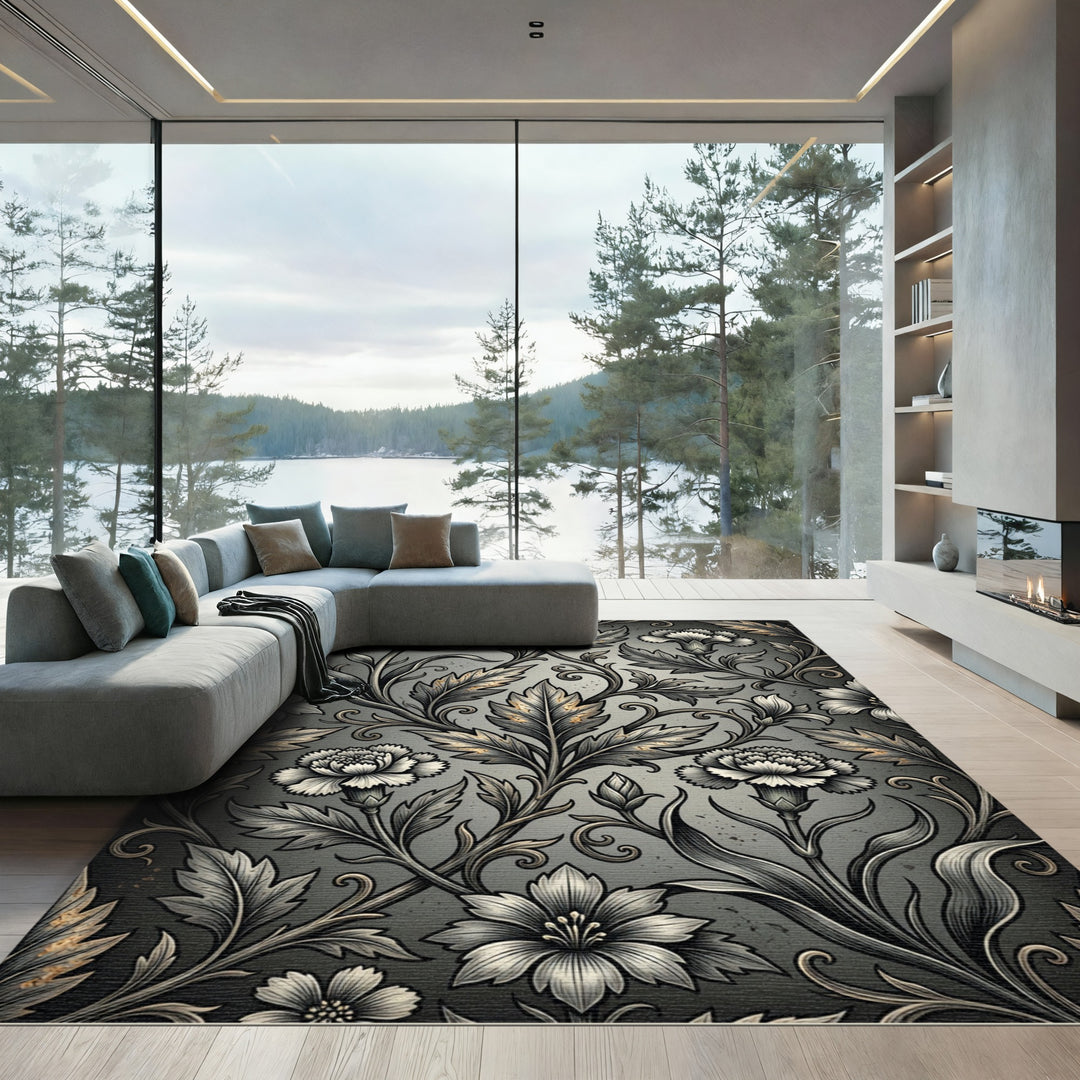 Art Nouveau Gray Floral Vine Rug