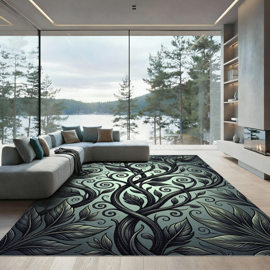 Dark Vine Swirl Leaf Rug