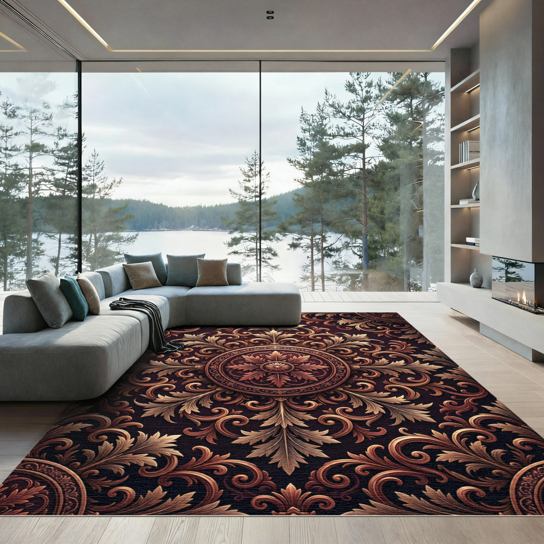 Ornate Gold Leaf Swirl Medallion Rug
