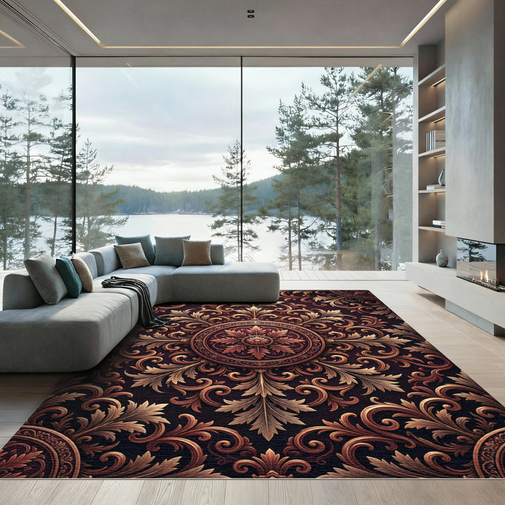 Ornate Gold Leaf Swirl Medallion Rug