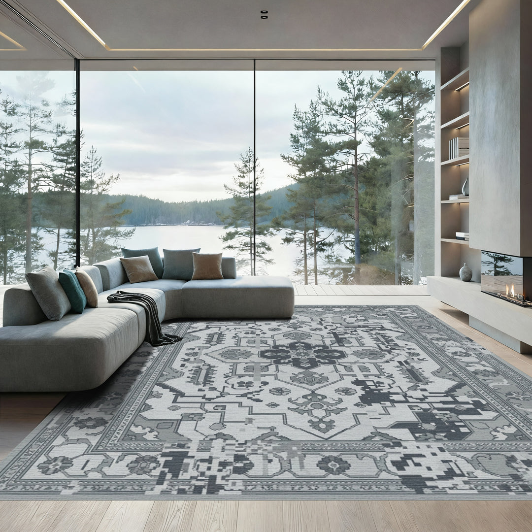 Monochromatic Glitched Floral Medallion Rug