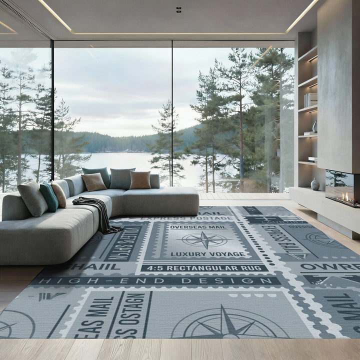 Monochromatic Nautical Stamp Compass Rug