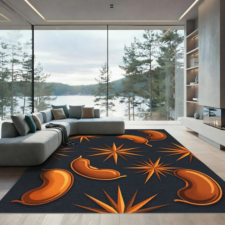 Orange Starburst and Bean Compositions Rug