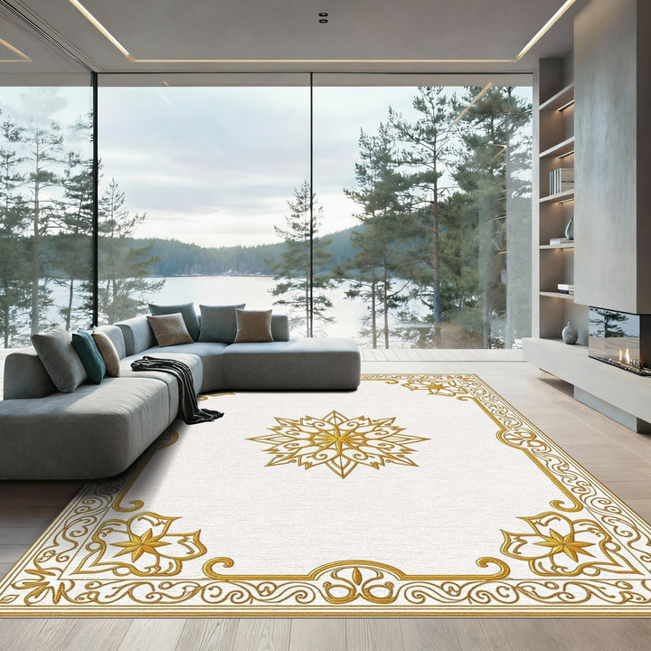Golden Floral Ornate Frame Rug