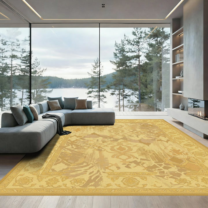 Golden Beige Abstract Damask Rug